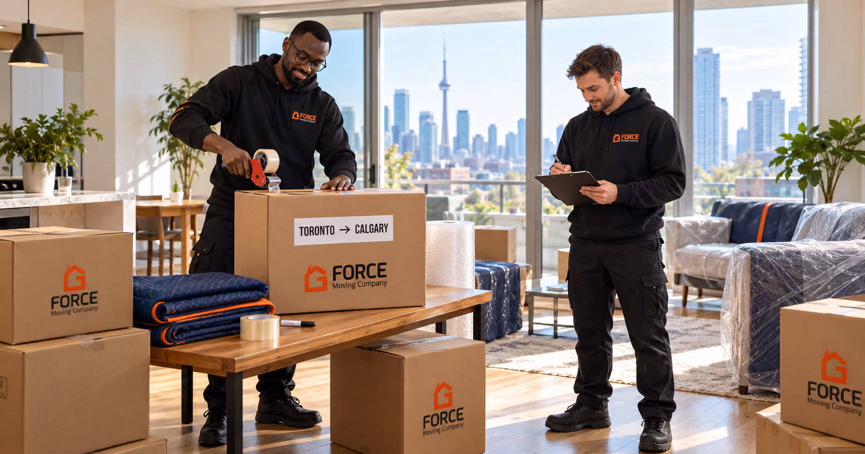 G Force Moving crew reviewing a moving checklist with a customer and packing labelled boxes in her home.