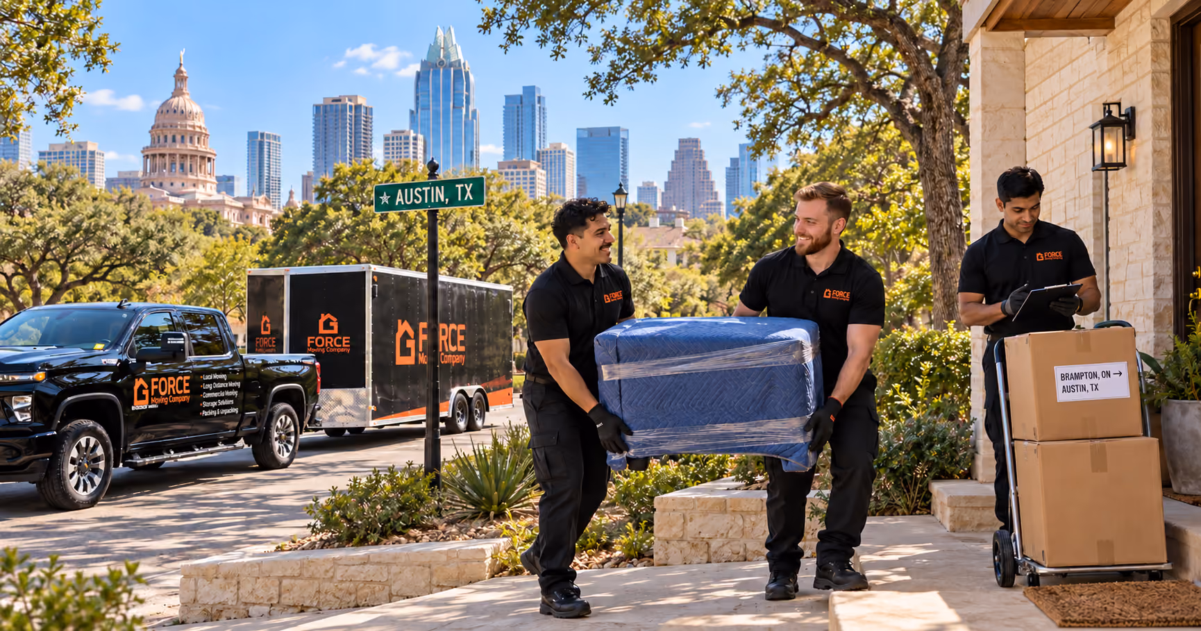 Three G Force Moving crew members unloading furniture and boxes outside an Austin home, with the Texas State Capitol and downtown skyline behind them.