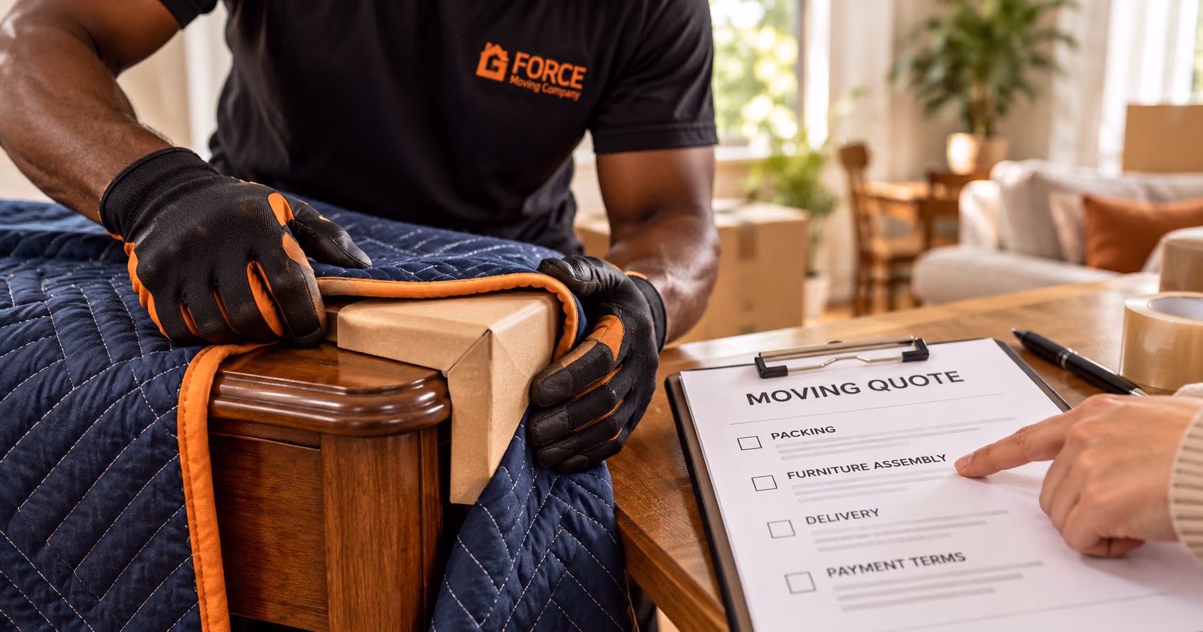 Close-up of a G Force mover protecting wooden furniture beside an itemised moving quote.
