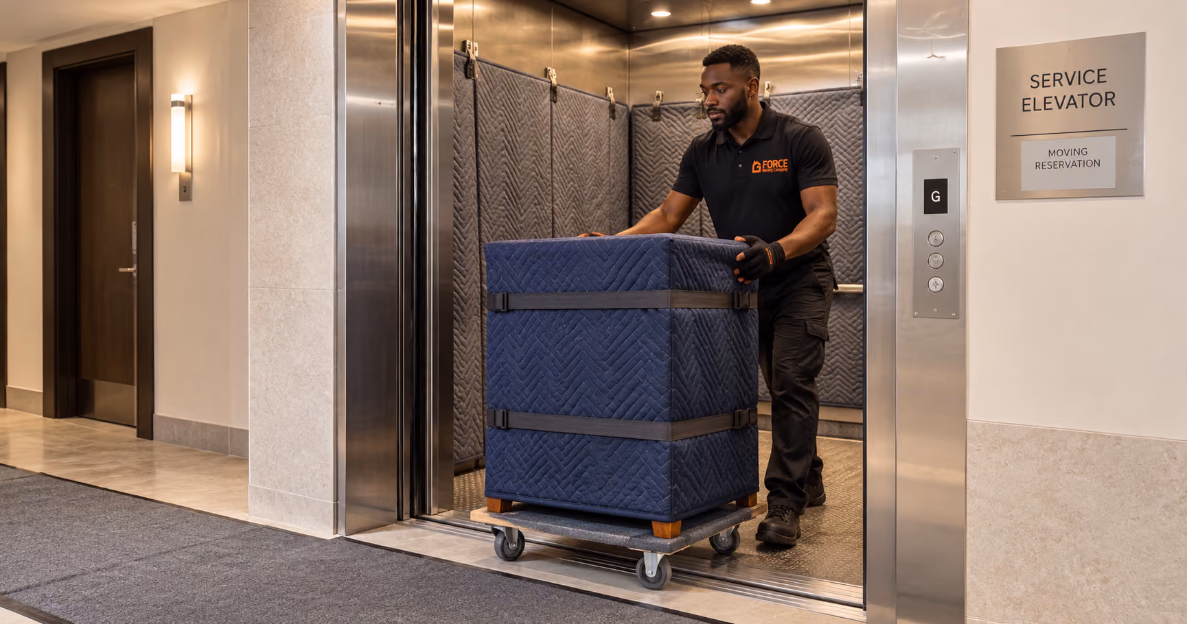 G Force mover guiding a blanket-wrapped chest of drawers on a dolly through a padded condo elevator.