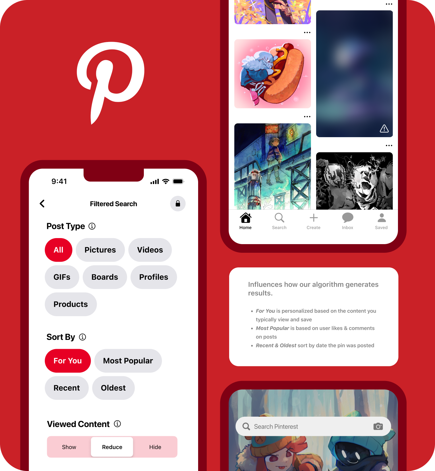 A mockup of images as a preview for Trey's project on redesigning the Pinterest search feature.