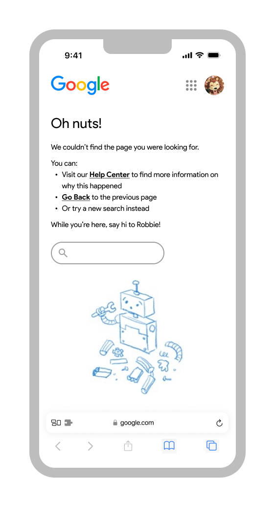 A mockup as a preview for Trey's project on redesigning Google's Error 404 pages.