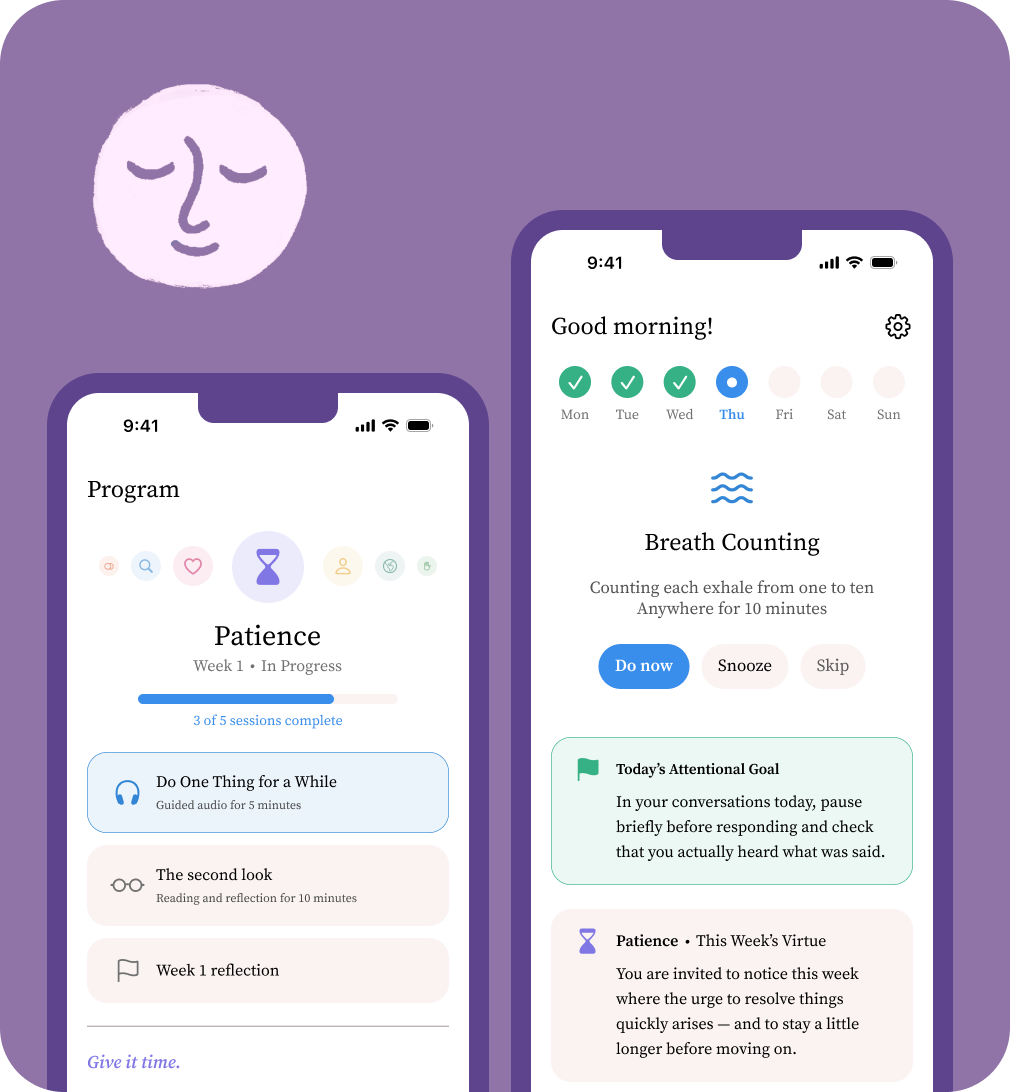 A mockup of images as a preview for Trey's project on designing the EVA app for mindful practices.