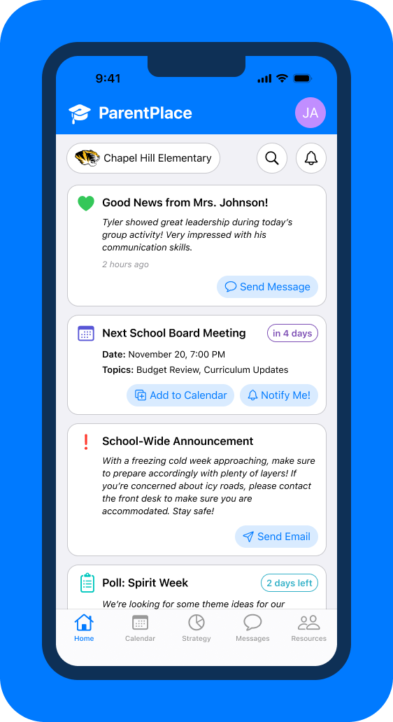 A mockup as a preview for Trey's design for an app offering resources to parents who have kids going to school, called ParentPlace.