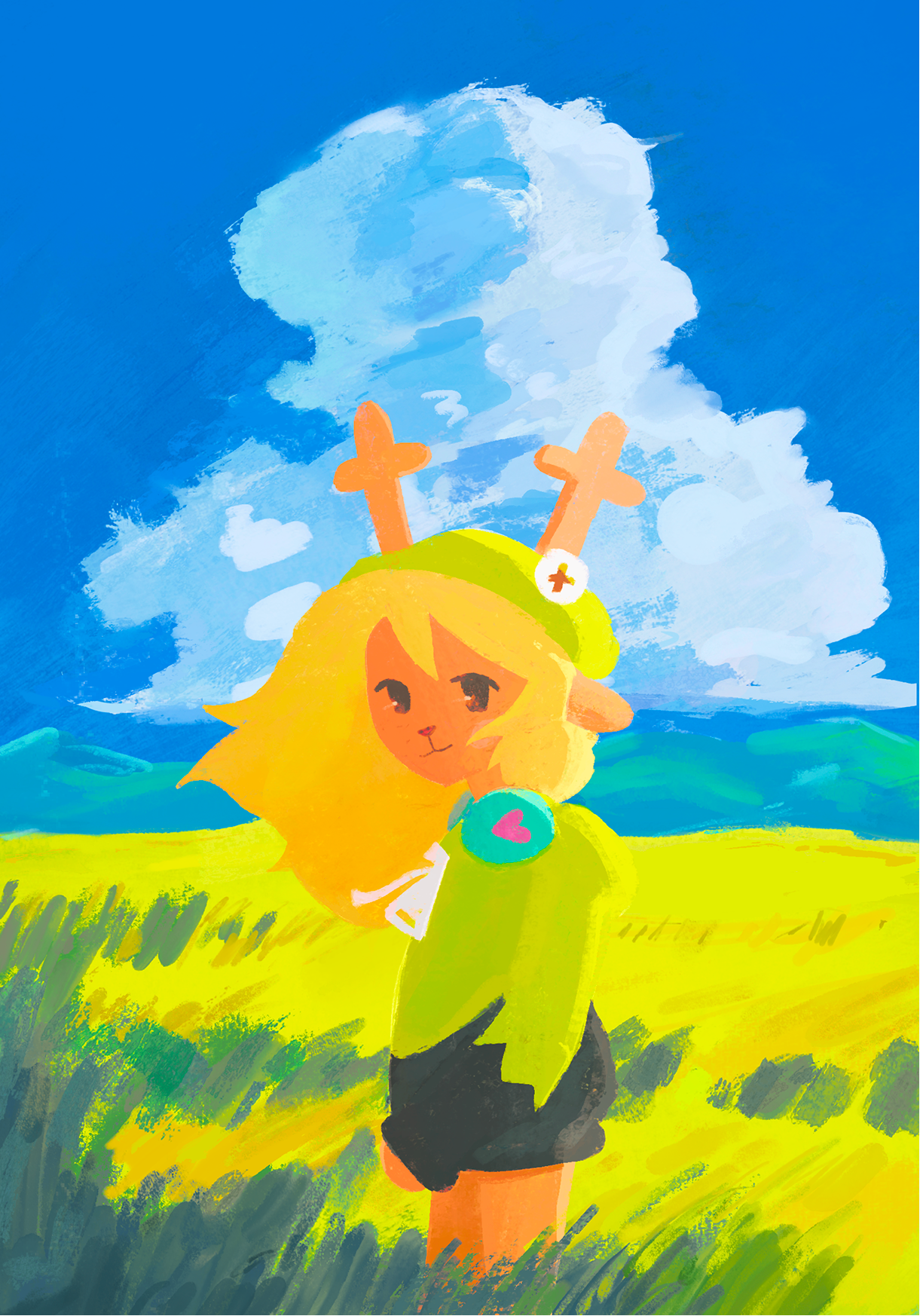 A painting featuring the character "Girelle" standing in a vibrant field of grasses and a large cloud in the sky.