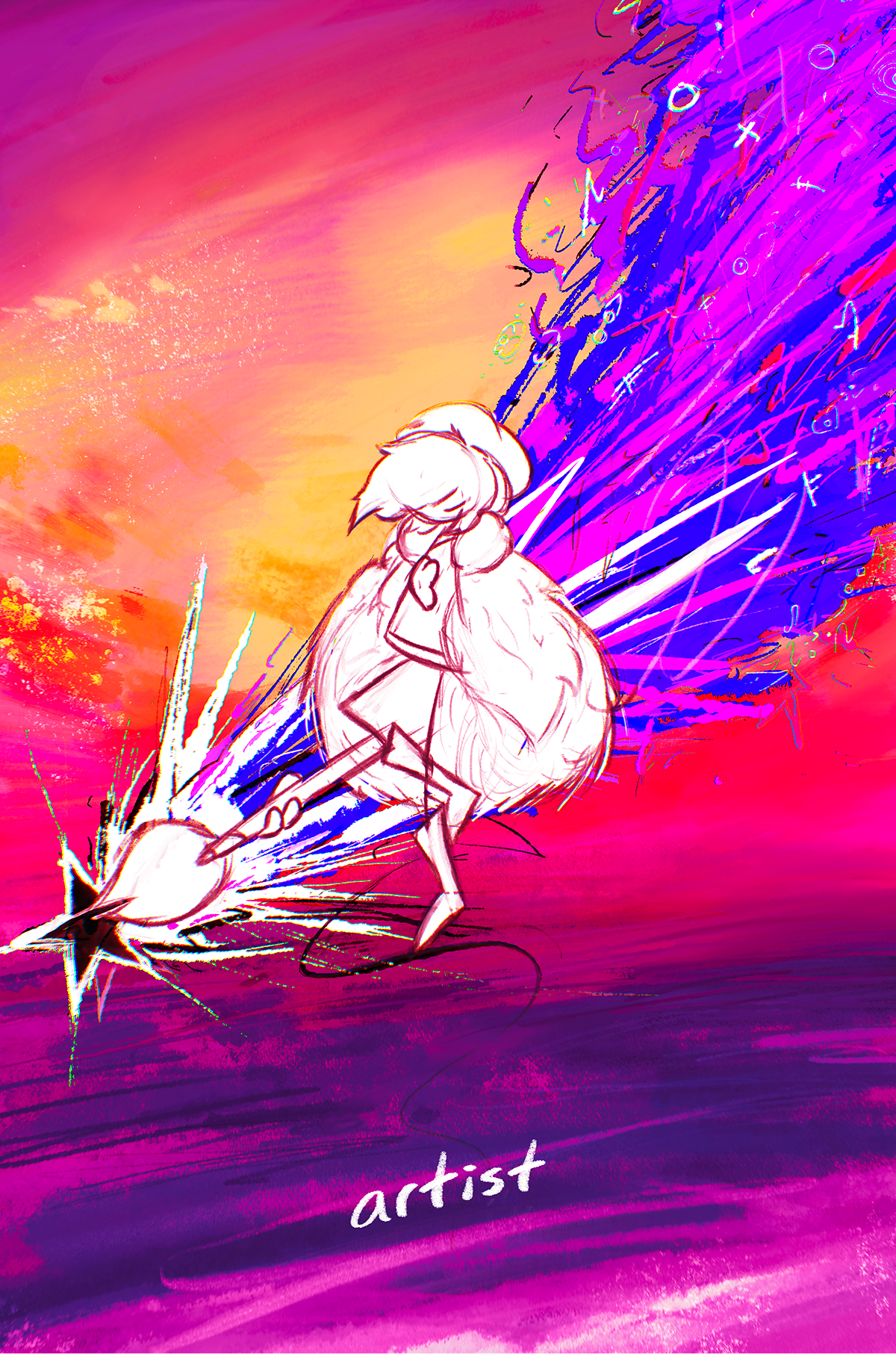 A painting featuring Trey's artistic persona holding a paintbrush exudes vibrant paintstrokes, floating above a purple sea, a warm sky in the backgrounds, and the word "artist" as a caption to the piece.