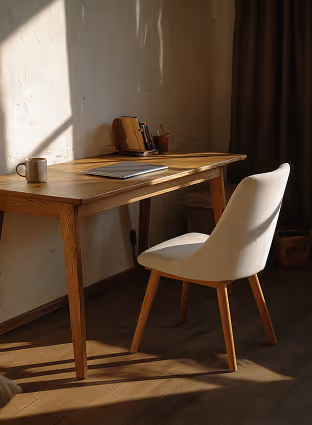 A wooden desk and chair illuminated by natural sunlight from the side, showcasing warm textures and thoughtful architectural lighting design.