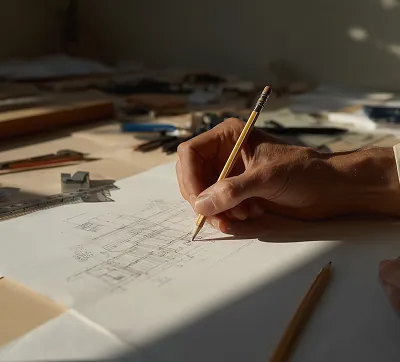 A hand sketching architectural lines on paper, symbolizing creativity and the meticulous design process behind high-quality architecture.