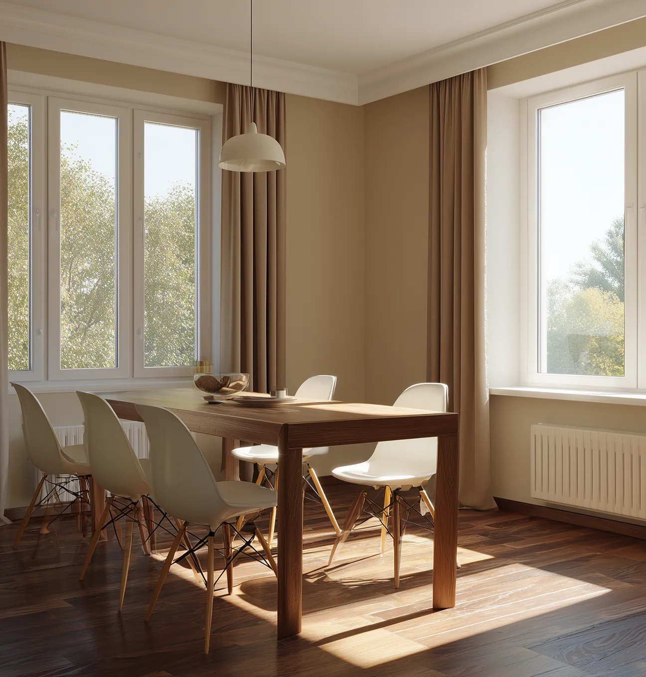 A stylish dining room with six chairs and an expansive horizon view, emphasizing open-concept architecture that blends interior comfort with breathtaking scenery.