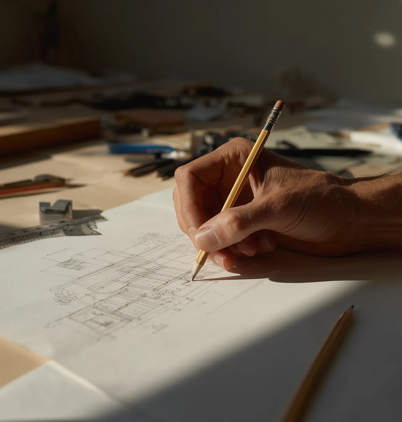 A hand sketching architectural lines on paper, symbolizing creativity and the meticulous design process behind high-quality architecture.