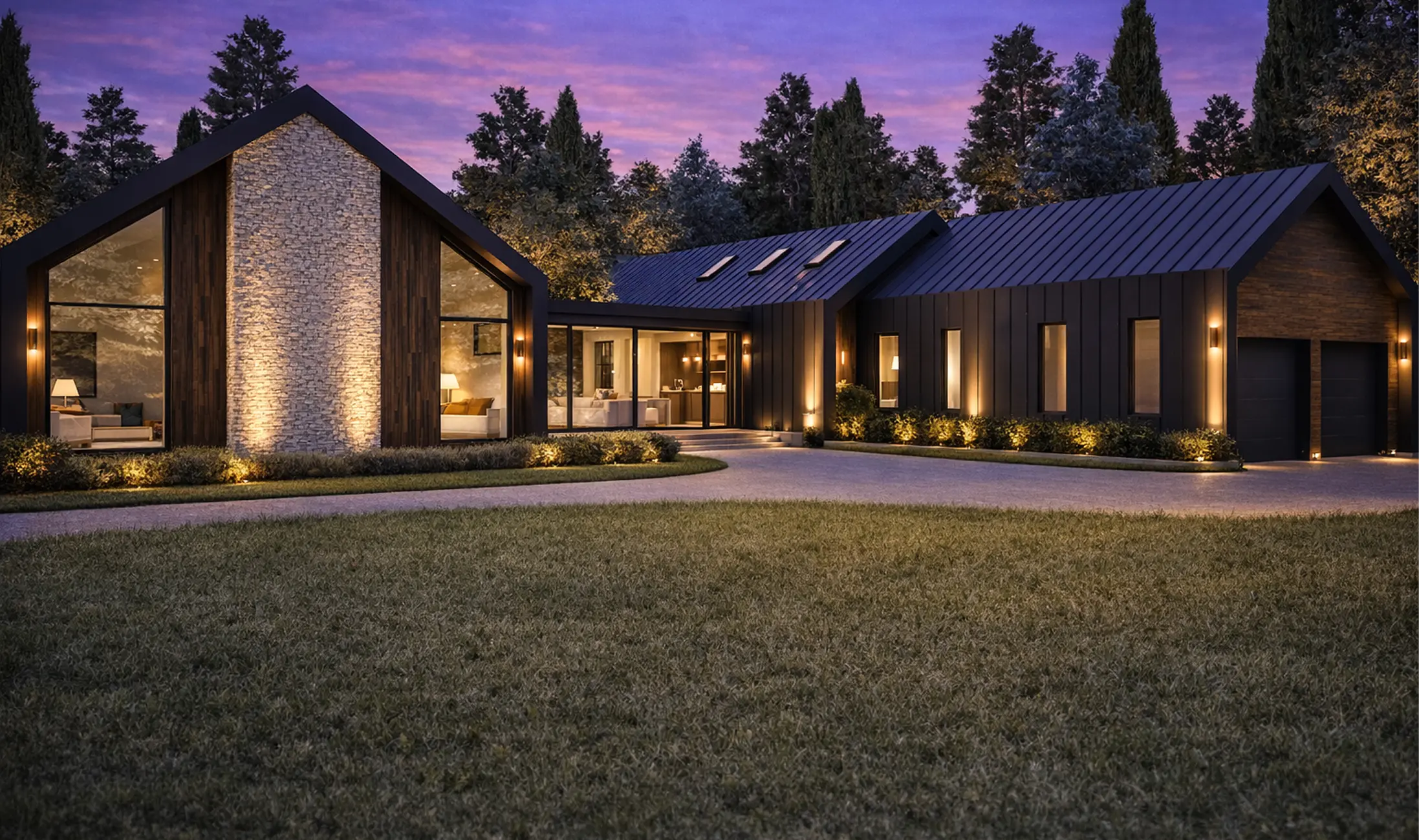 Modern single-story house with large windows, stone and wood accents, exterior lighting, and a spacious front yard at dusk.