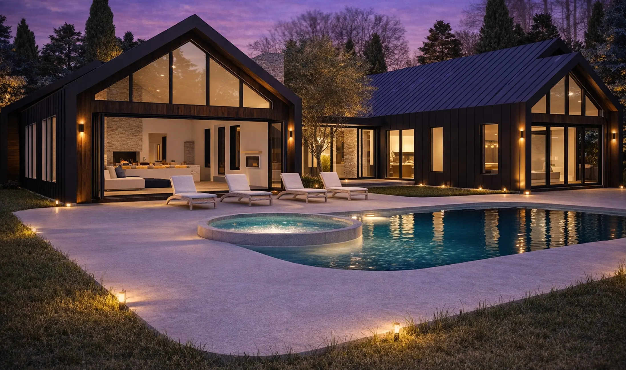 Modern house at twilight with large windows, outdoor pool, hot tub, and four lounge chairs on the patio.