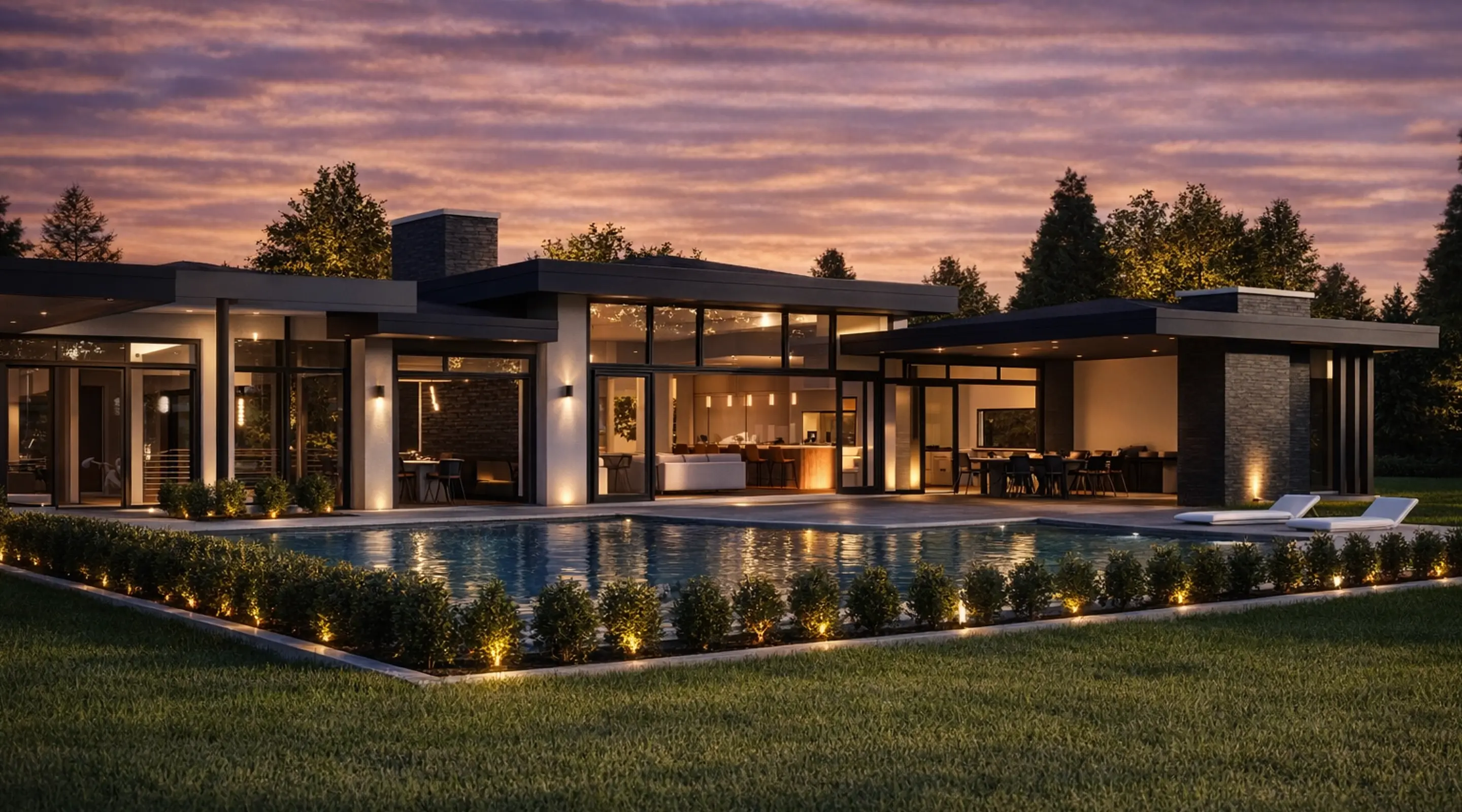 Modern single-story house with large glass windows, outdoor swimming pool, and patio lights at sunset.