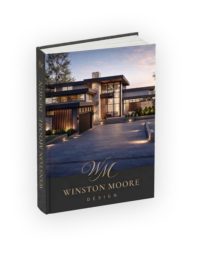 Book titled Winston Moore Design featuring a modern luxury house with large windows and stone exterior on the cover.
