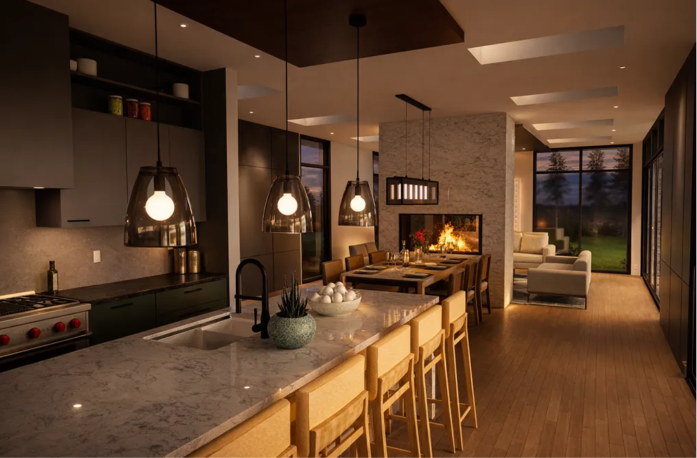 A modern kitchen with a large island and a fireplace.