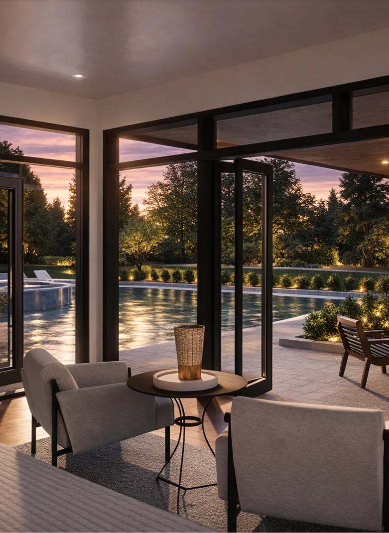 Modern interior with two gray armchairs and a small round table by large glass doors opening to a lit swimming pool area at sunset.