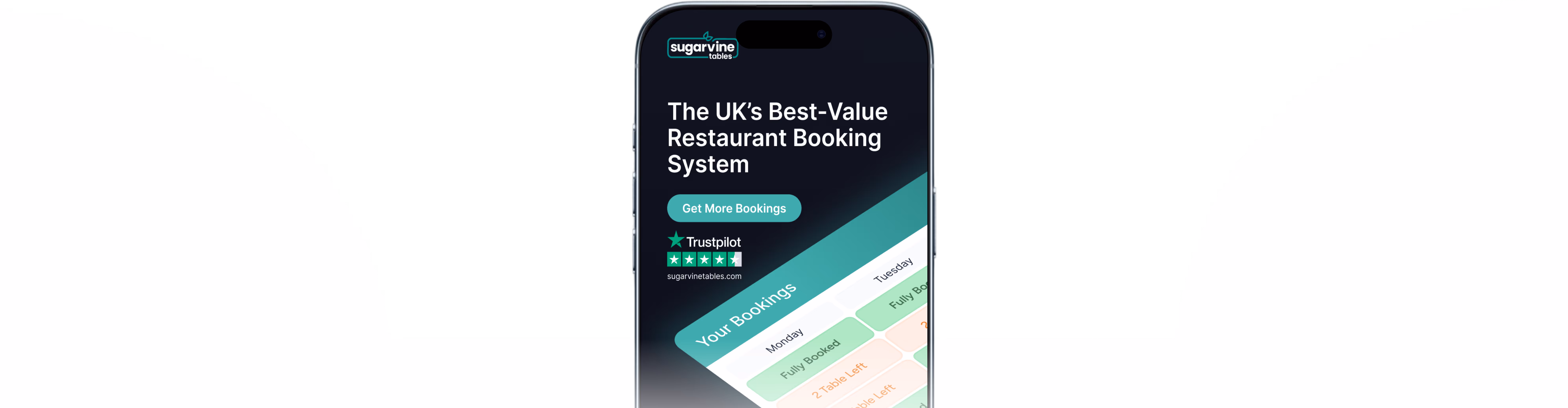 Mobile phone screen showing Sugarvine Tables app with UK’s best-value restaurant booking system and Trustpilot rating.