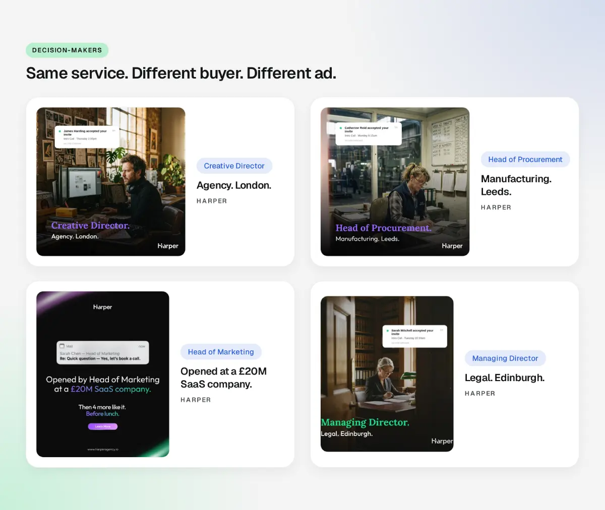 Four Harper ads tailored to different decision-makers: a creative director, head of procurement, head of marketing and managing director