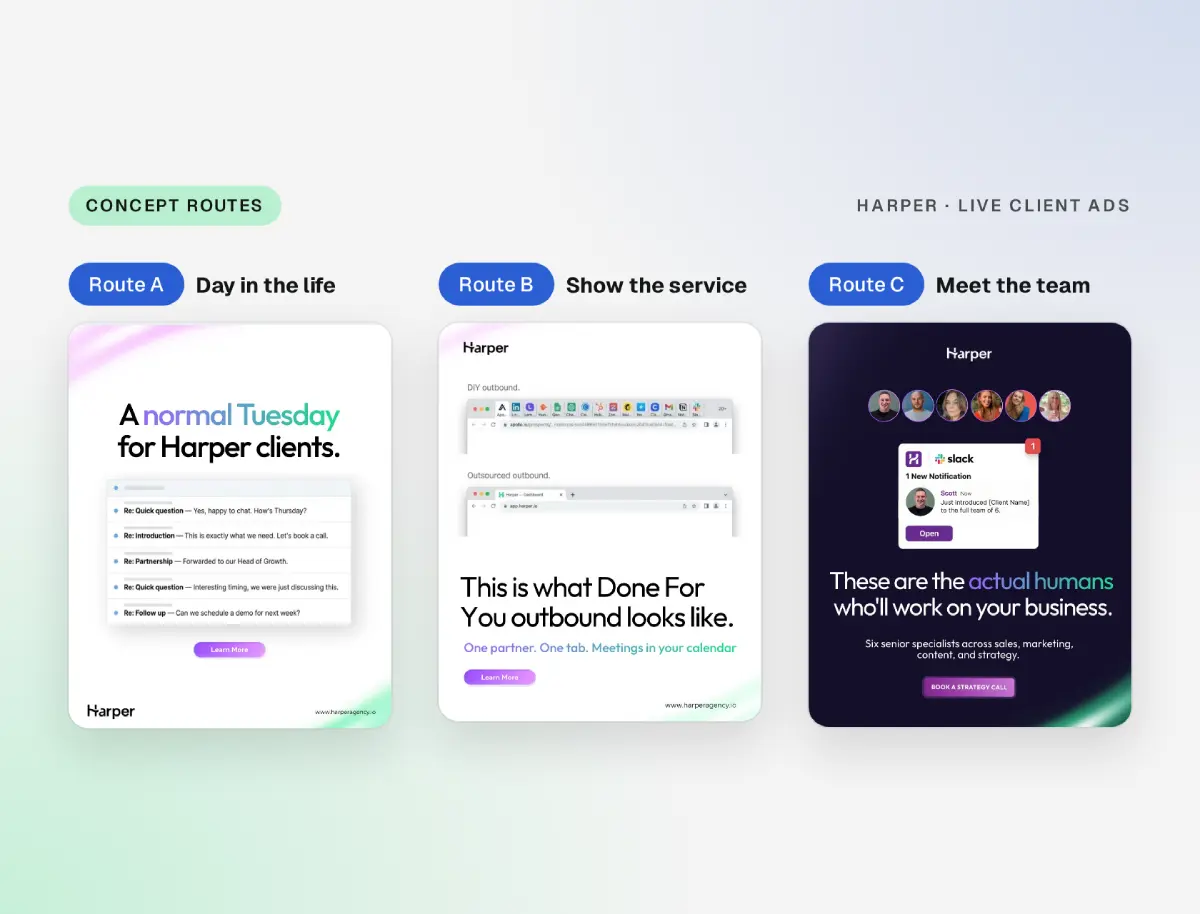 Three Harper concept routes: day in the life, show the service and meet the team