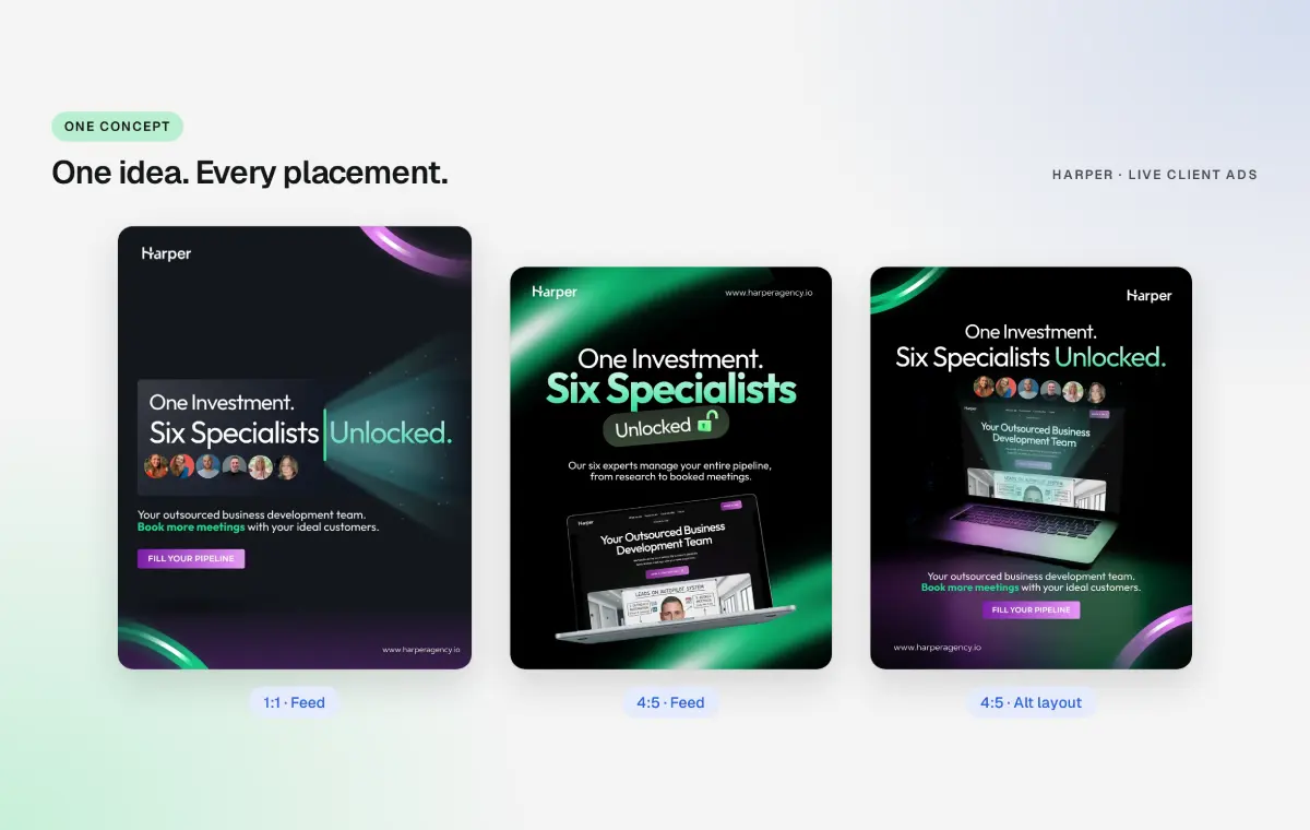One Harper ad concept adapted into 1:1 and 4:5 feed formats, from Sprint Creative's live client ads