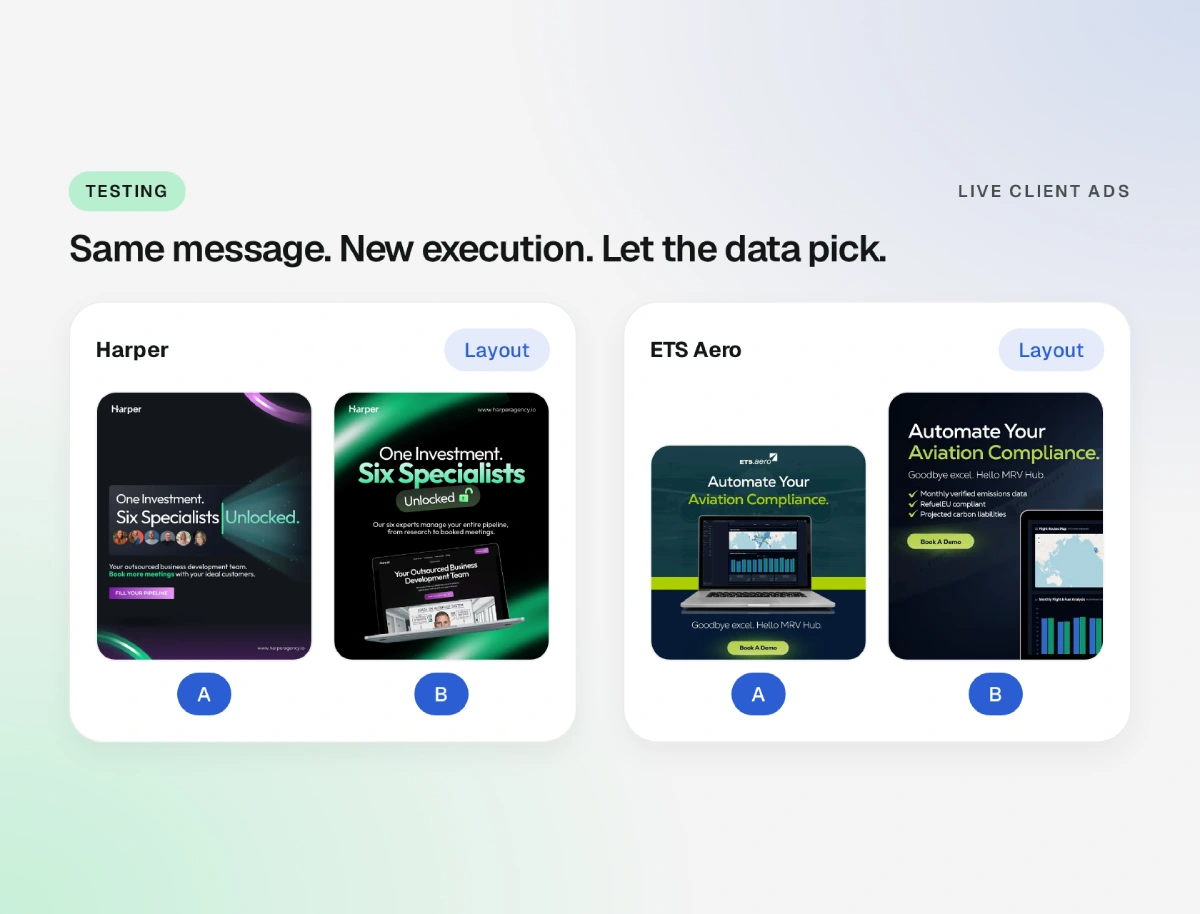 A/B layout tests of the same message for Harper and ETS Aero live client ads