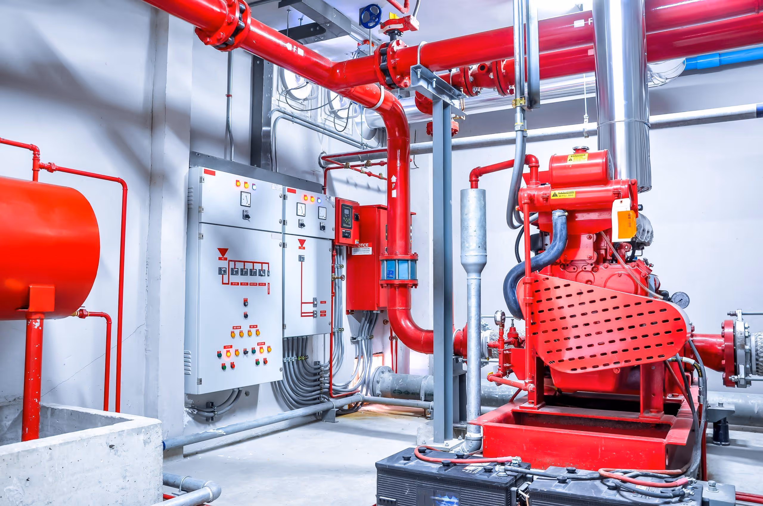 Fire fighting and fire protection system installation featuring fire pumps, sprinkler piping, and industrial fire safety equipment for commercial and industrial facilities in the UAE.