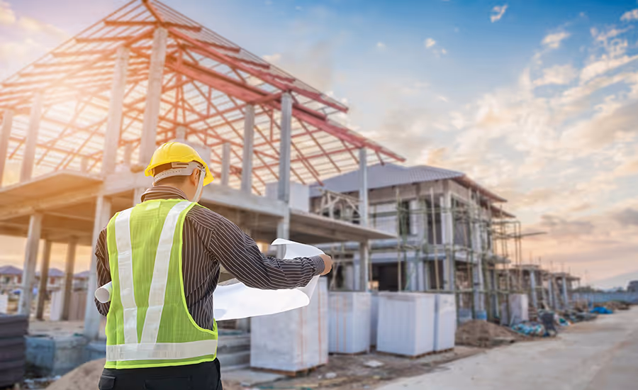 Construction engineer inspecting a commercial steel structure building project for general contracting and structural construction works in Abu Dhabi, UAE.