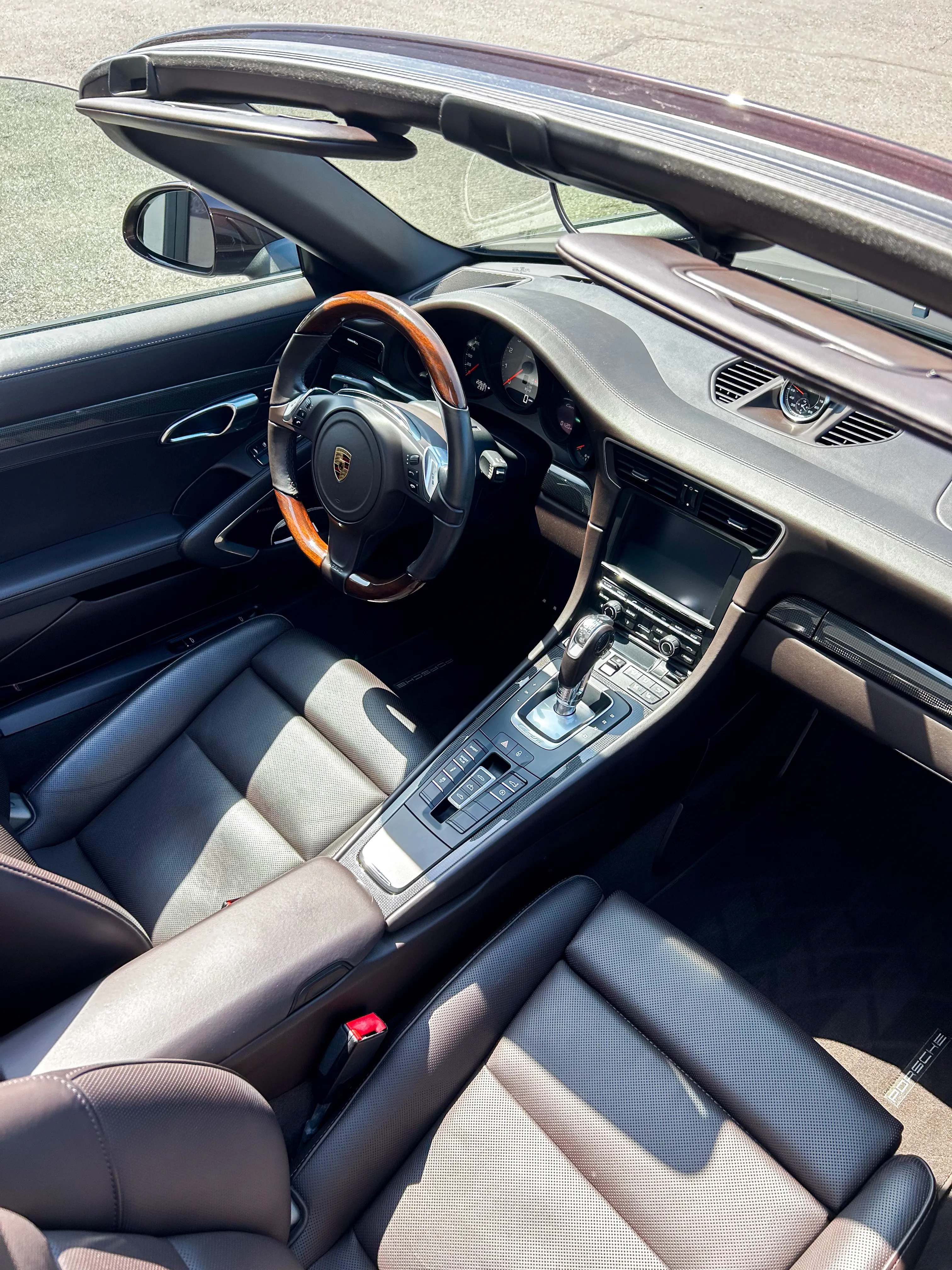 Brown leather interior of a Porsche 911 convertible after an interior detail, Auburn WA