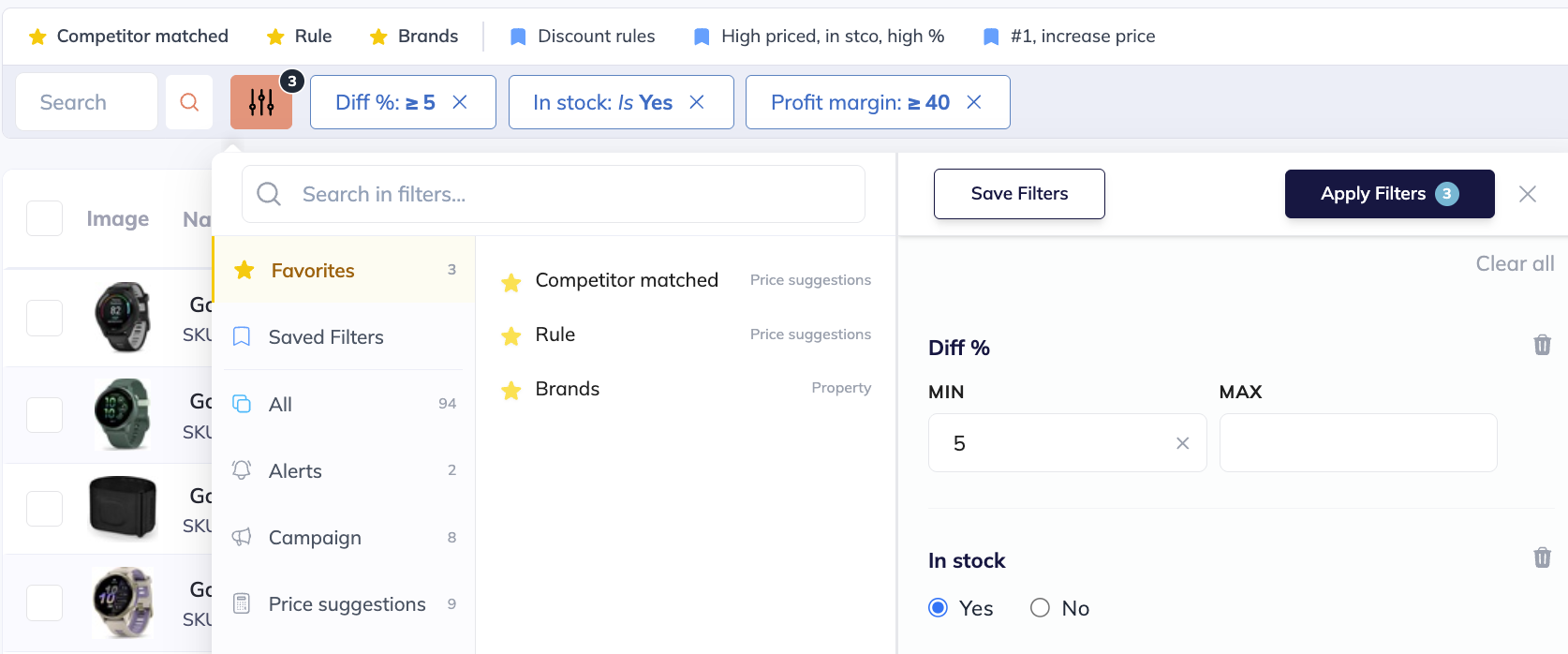 Product view with filters