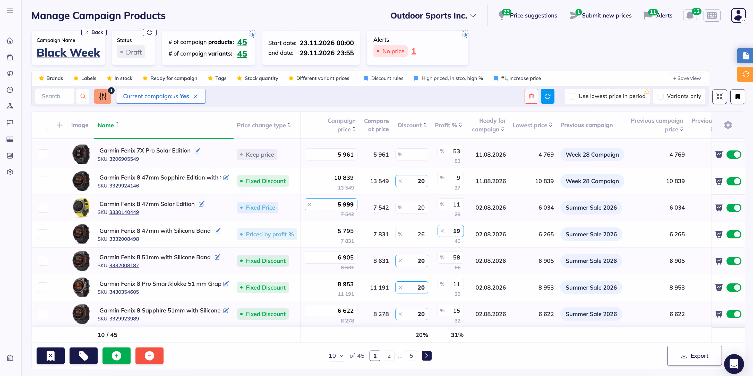 Campaign pricing table showing regular price, campaign price, discount, resulting margin and lowest competitor price