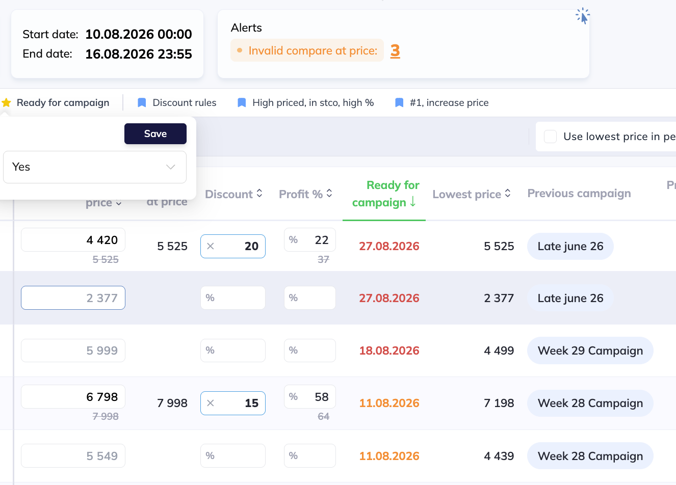 Campaign products with ready, warning and not-ready compliance statuses