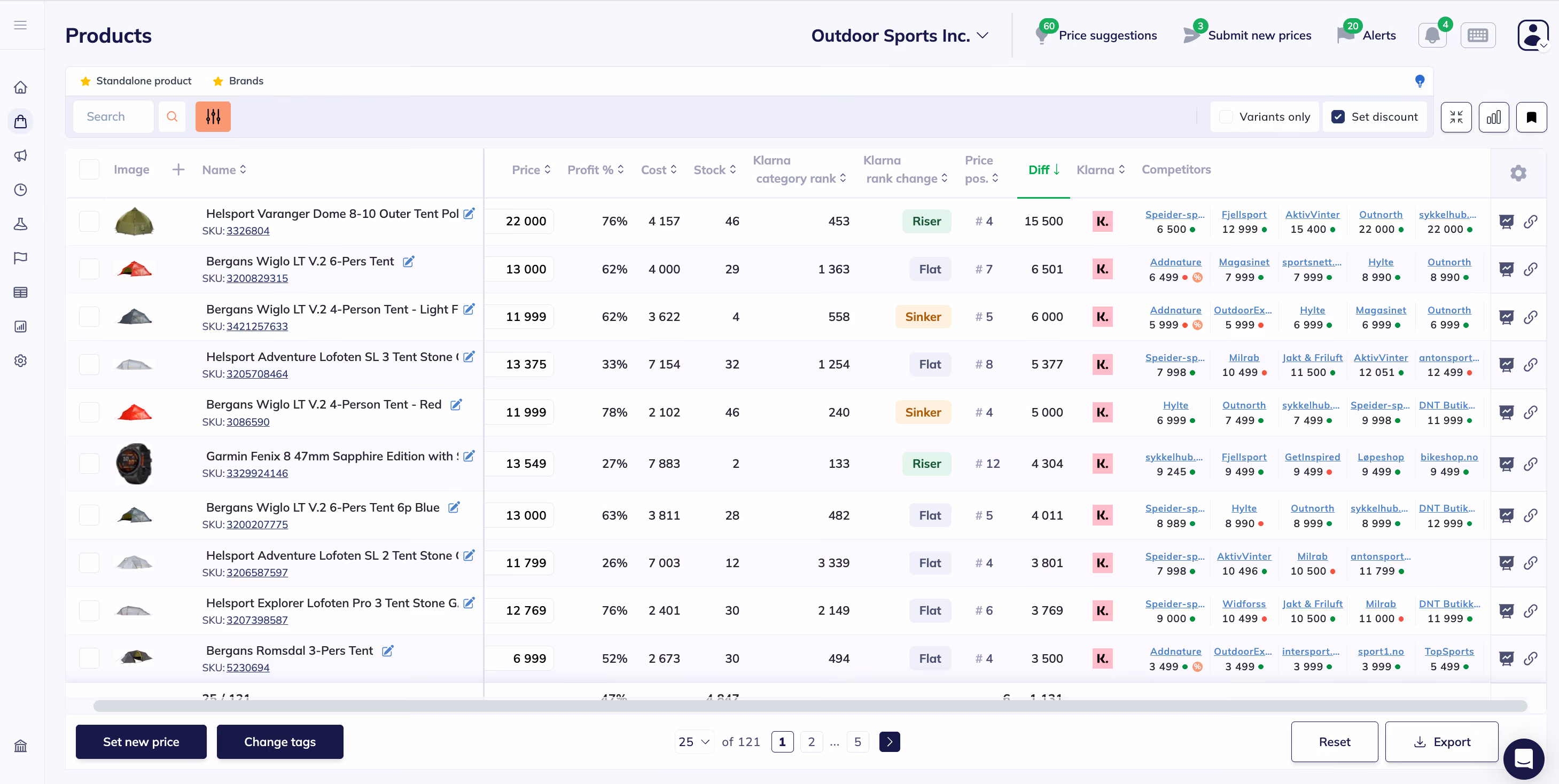 Reprice product view, showing pricerunner API connection