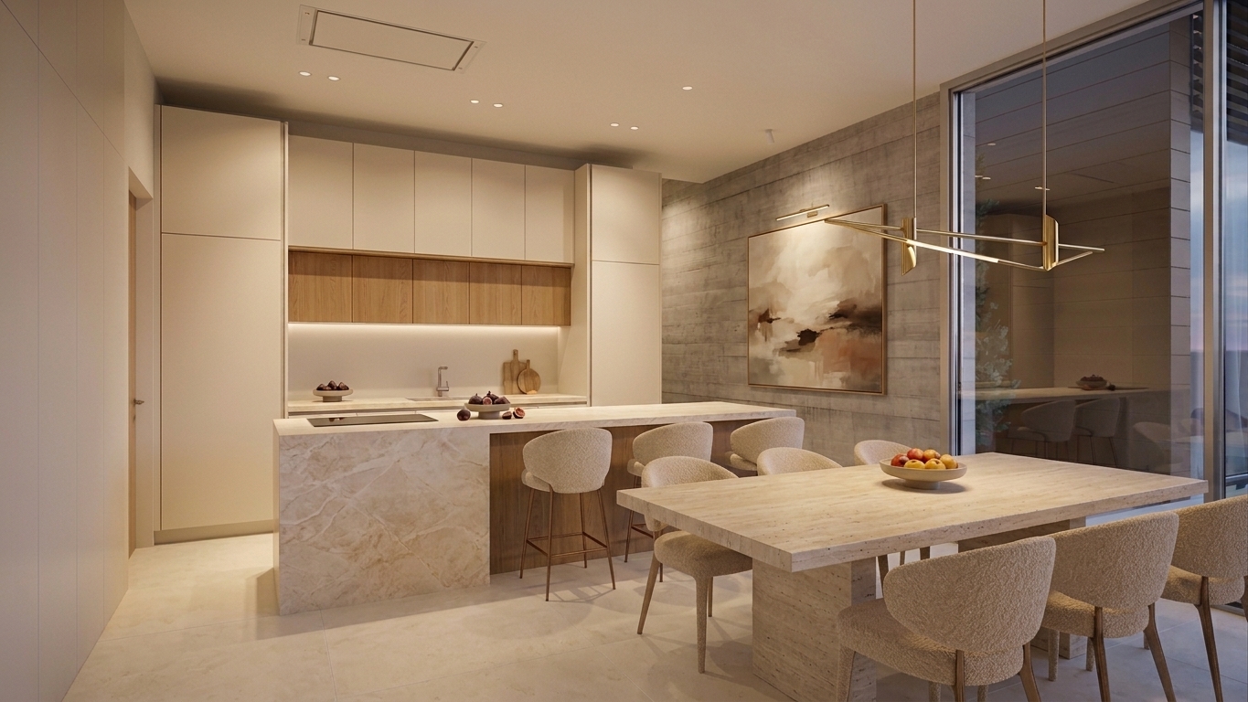 Kitchen with stone island and dining table, Polaris villa, Ayios Tychonas, Limassol