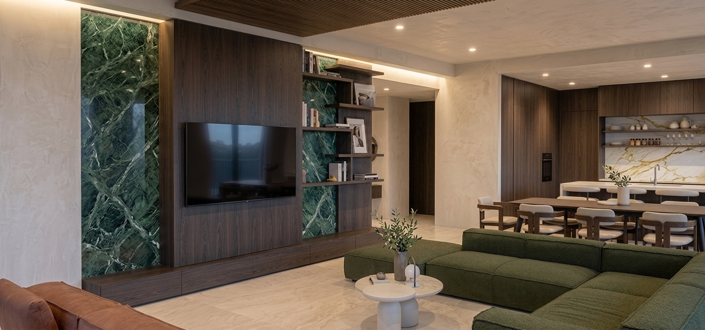 Living room with green marble wall and open dining area, Phõs apartment, Limassol