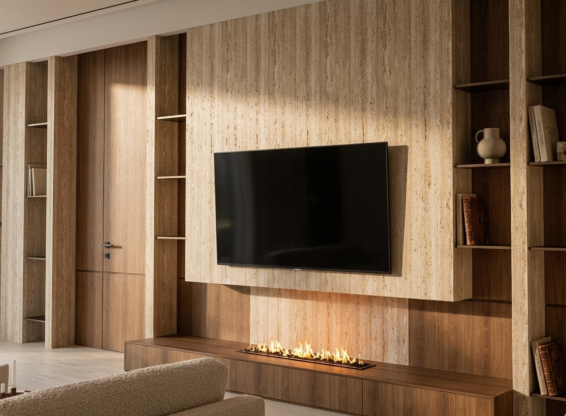 Travertine media wall with fireplace and oak shelving, Phõs apartment, Limassol
