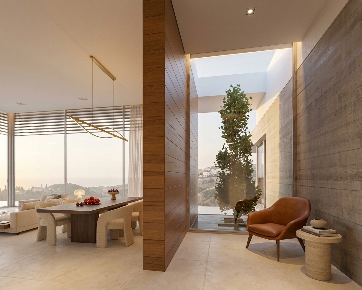 Dining area and entrance hall with oak wall and garden light well, Polaris villa, Limassol