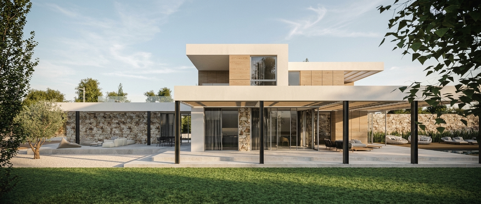 Sea Caves villa with covered terrace, stone wall and lawn, Peyia, Paphos