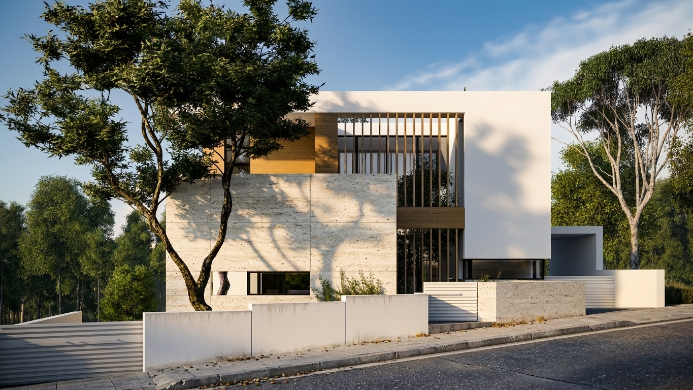 Hidden Gem villa street façade with stone cladding and timber louvres, Germasogeia, Limassol