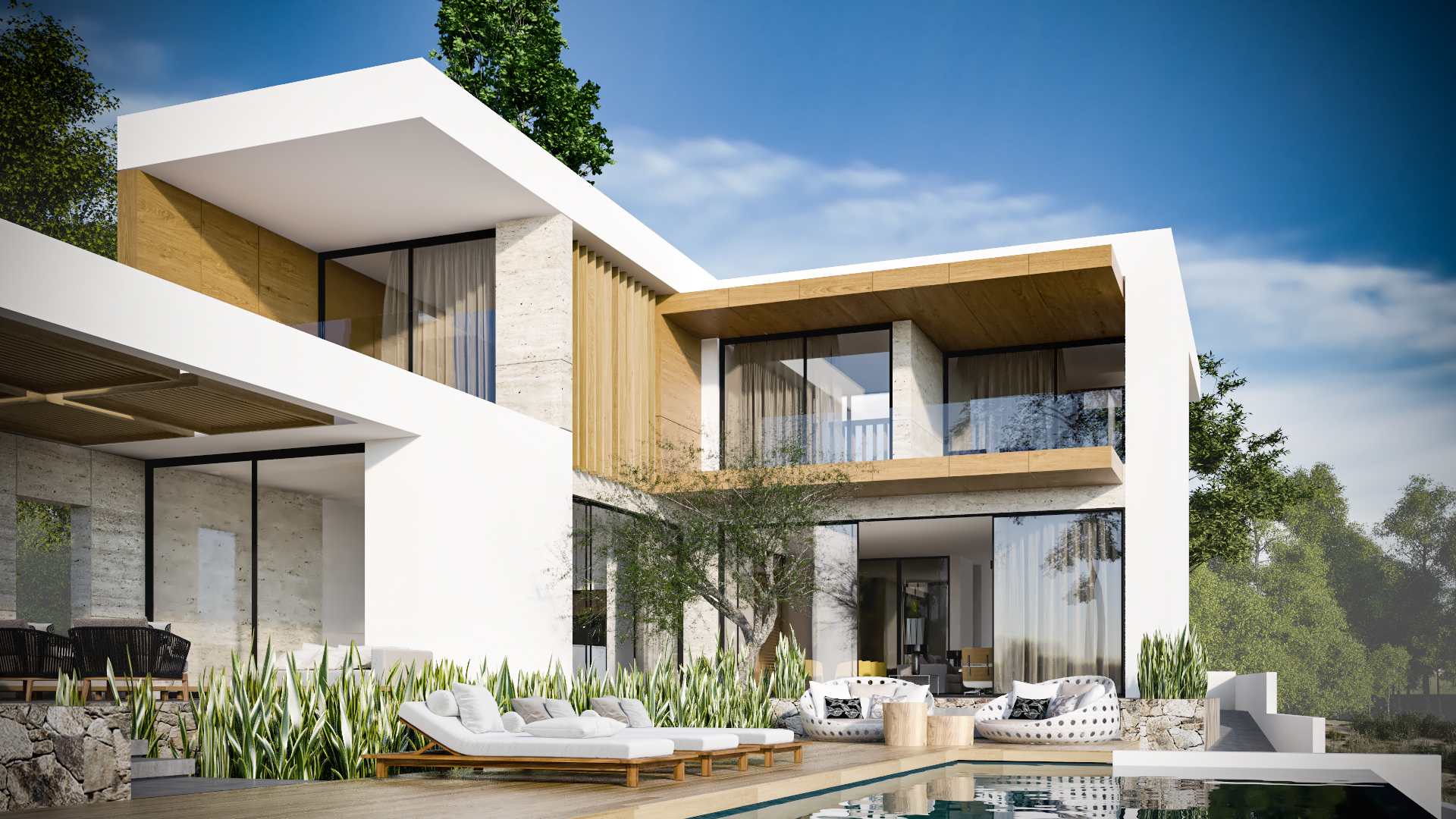 Pool terrace with sun loungers beneath the upper floor, Hidden Gem villa, Germasogeia