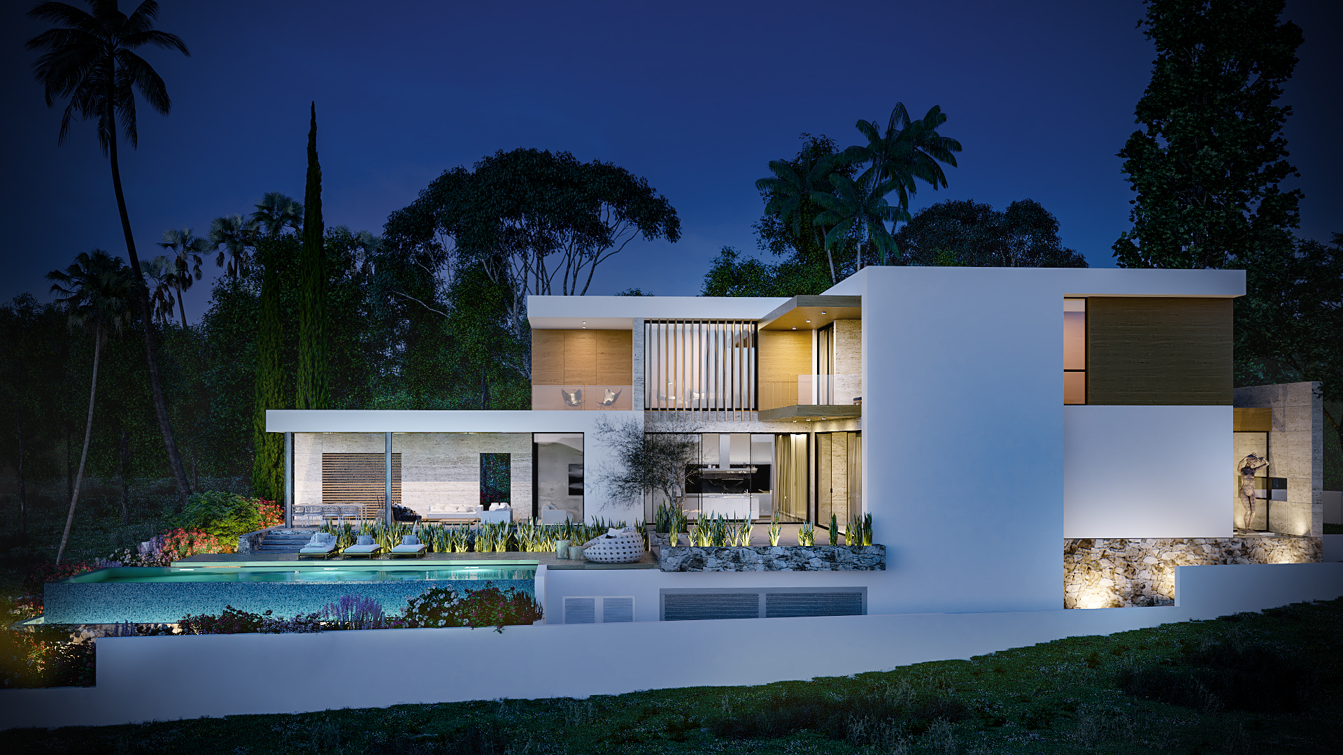 Hidden Gem villa lit at night with infinity pool and terraces, Germasogeia, Limassol