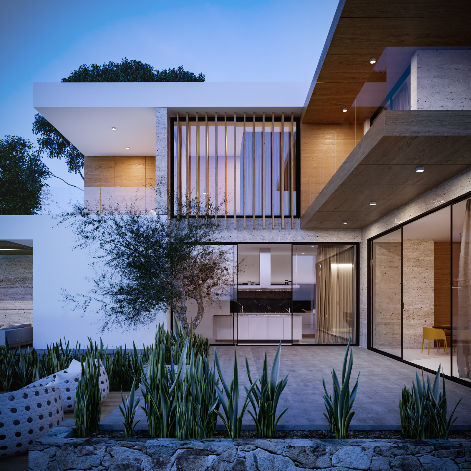 Hidden Gem villa courtyard at dusk with olive tree and timber overhang, Limassol
