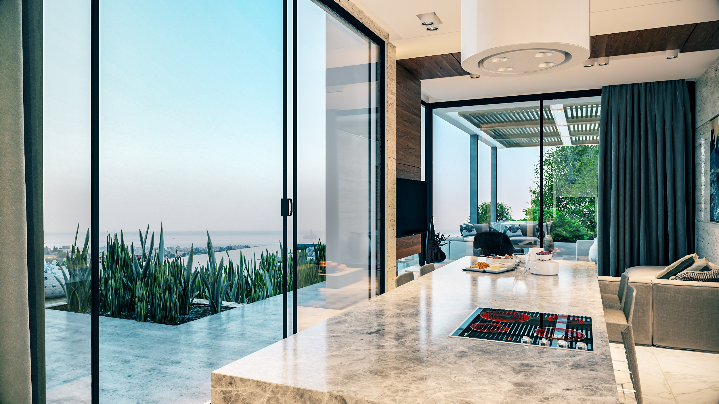 Kitchen island opening onto covered terrace with sea view, Hidden Gem villa, Germasogeia