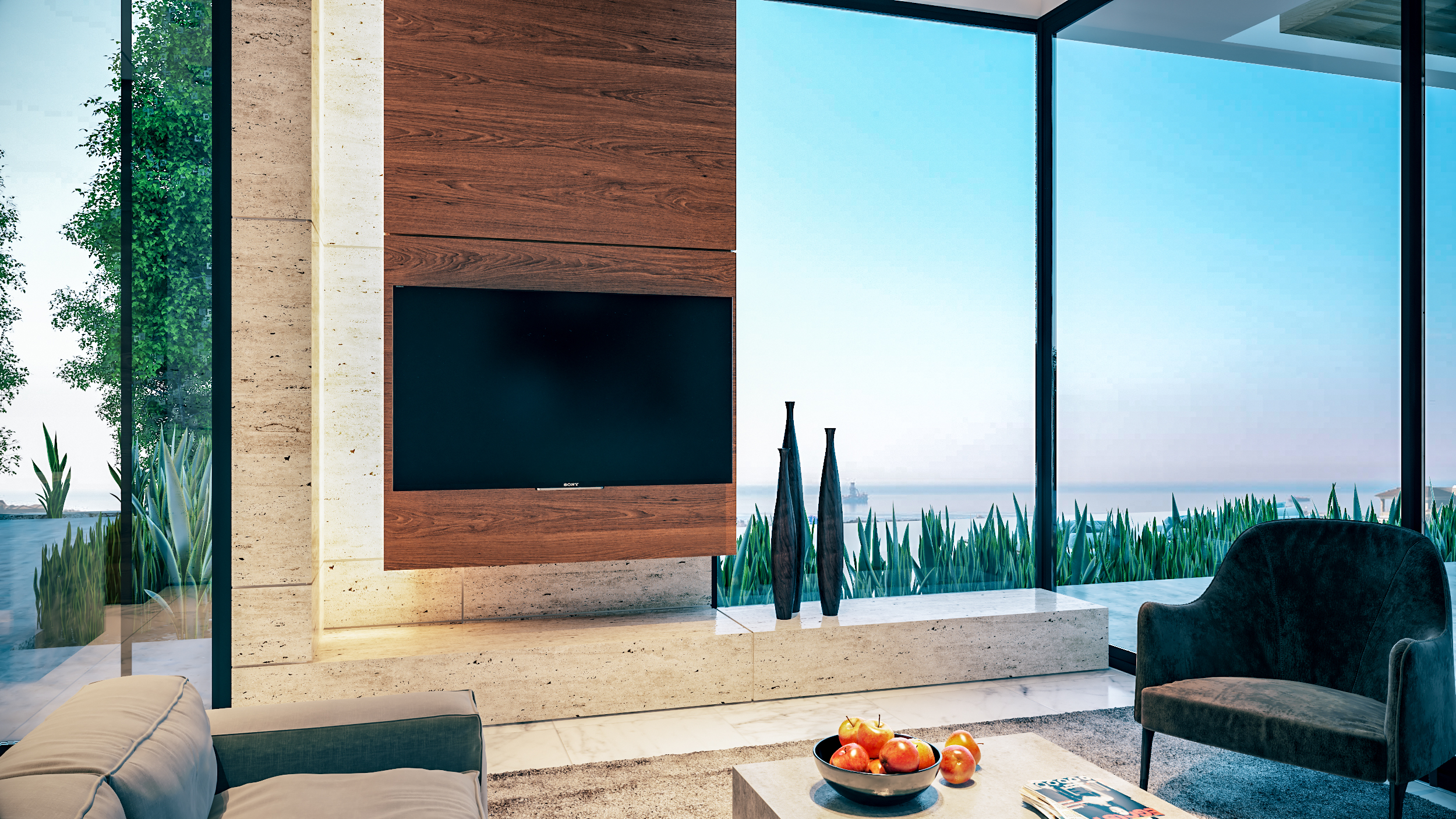 Living room with travertine wall and sea view beyond planted terrace, Hidden Gem villa, Limassol