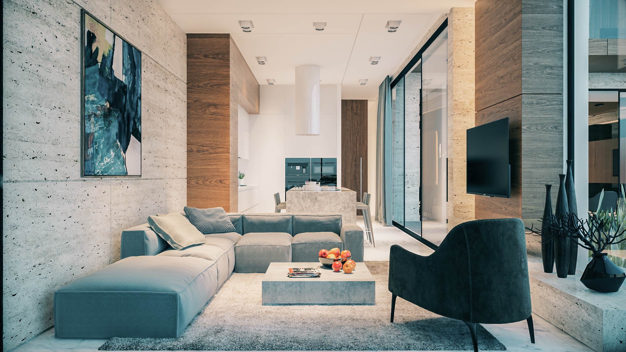Open-plan living room with travertine walls and full-height glazing, Hidden Gem villa, Limassol