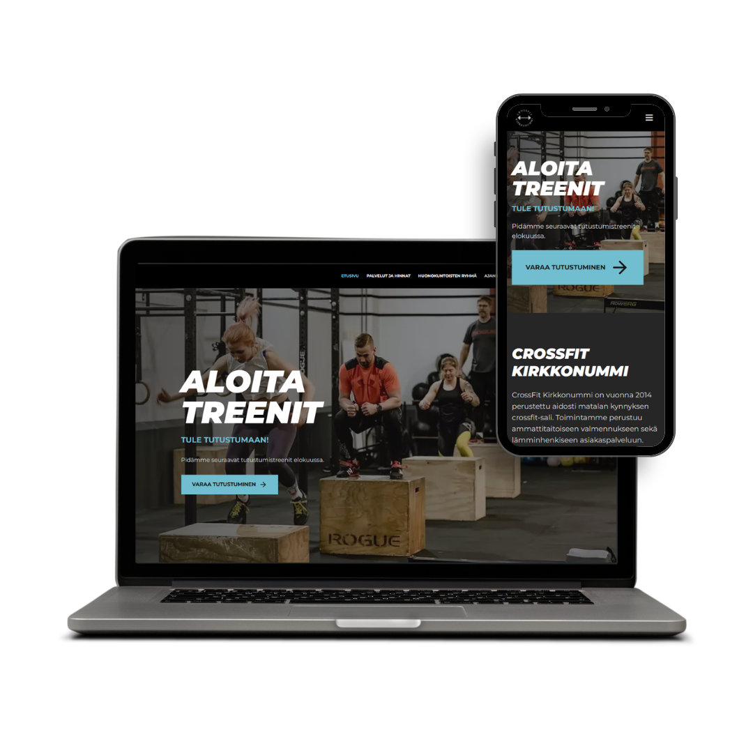 Kannettava tietokone ja älypuhelin näyttävät aurinkopalvelut.fi-verkkosivun, jossa mainostetaan ikkunanpesukautta ja siivouspalveluja Naantalissa, Raisiossa ja Turussa.