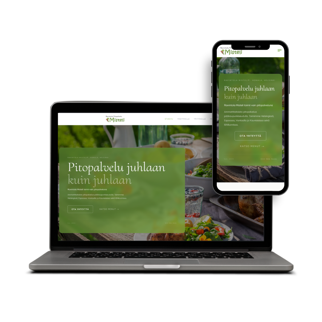Tietokoneen ja älypuhelimen näytöt näyttävät Paperikonservointi P. Ukkosen verkkosivun, jossa on teksturoidun taidekuvan yläosassa ja valikko, teksti Suunnittelu & toteutus ja verkkosivun osoite paperikonservointi.fi.