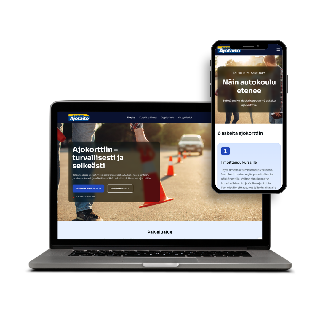 Keku.fi-verkkosivun kotisivu ja referenssisivu näkyvissä läppärillä ja mobiililaitteella, teksti Suunnittelu & toteutus.