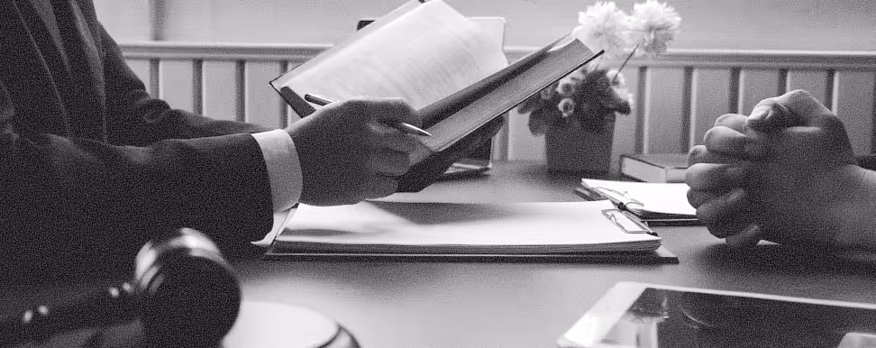 Two people at a desk, one holding an open book or document, with a gavel and clipboard nearby.