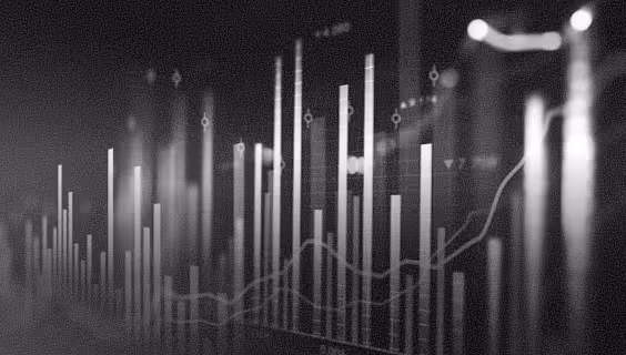 Black and white image of rising vertical bars and a fluctuating line graph representing data or financial growth.