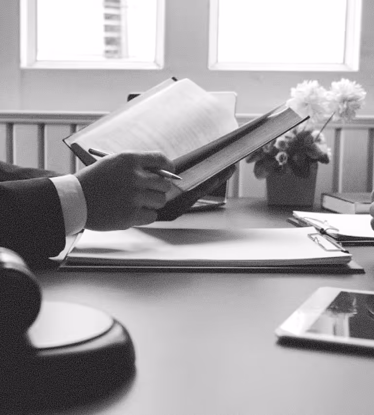 Person in a suit reading a book at a desk with a gavel, tablet, and flowers in the background.